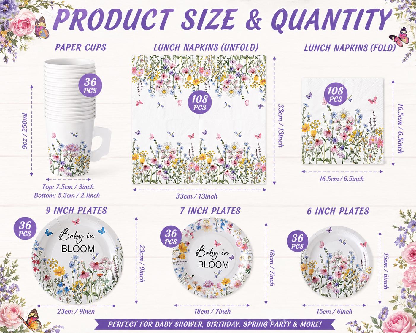 Baby in Bloom Party Supplies, 252pcs Floral Baby Shower Decorations ...