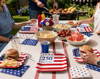 250th Anniversary Party Supplies, Patriotic Party Plates and Napkins, 100 Piece Party Pack, Fourth of July Tableware, USA Flag Party Decor