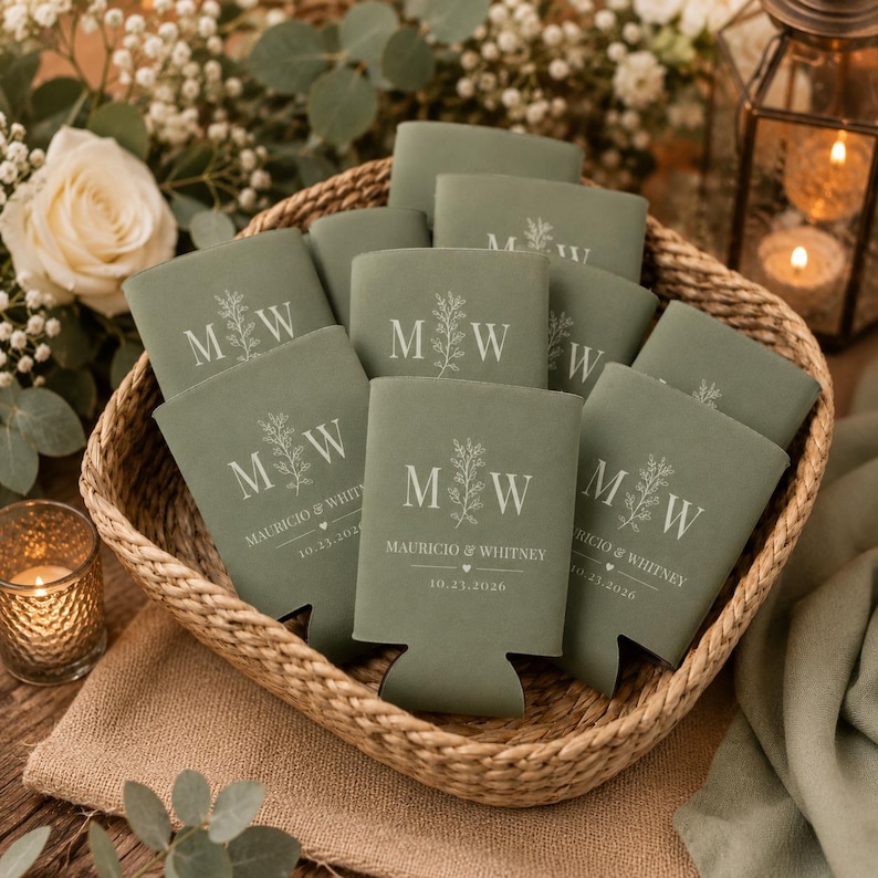 May include: A collection of sage green foam can coolers featuring a white printed design with the initials M and W, the names Mauricio & Whitney, and the date 10.23.2026. Each cooler has a botanical sprig graphic between the two letters.