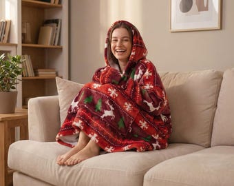 Christmas Wearable Blanket Hoodie, Cozy Oversized Sherpa Hoodie Blanket, Soft Snuggie Style Reindeer Print, Comfort Gift for Women and Teens