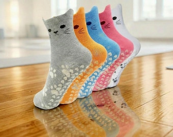 Jolies chaussettes de yoga pour chats avec poignées, chaussettes antidérapantes pour chats Pilates pour femmes, chaussettes Barre & Dance SummerStudio avec poignées, cadeau panier de Pâques Kawaii Kitty