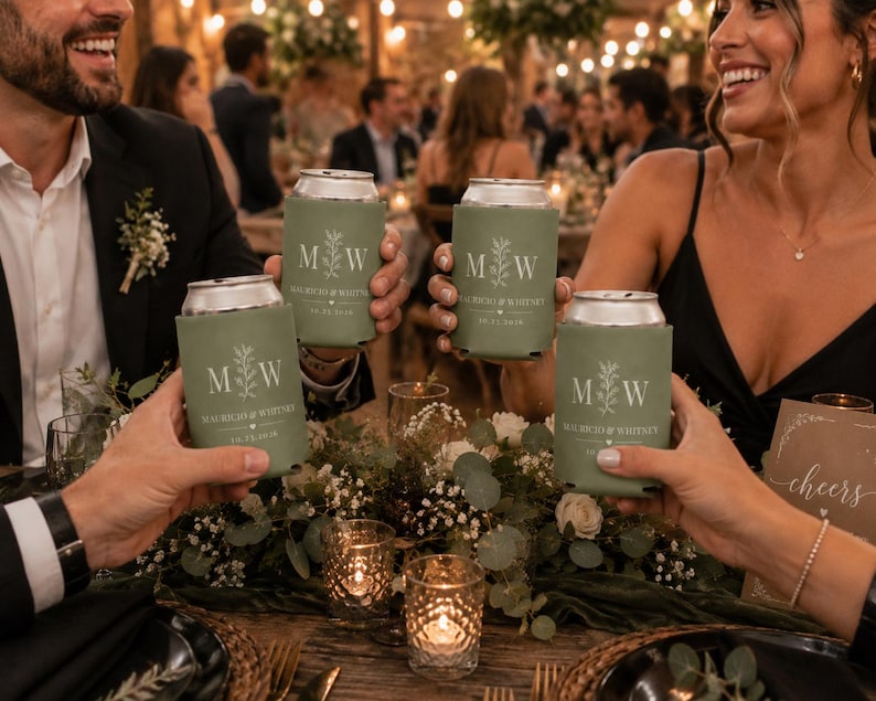 May include: Four sage green foam can coolers held in a toast. Each cooler features white text with the initials M W, the names Mauricio & Whitney, and the date 10.12.2030, accented by a small heart and a vertical leafy branch illustration.
