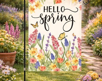 Hello Spring Garden Flag, Double Sided Floral Outdoor Flag, Spring Porch Decor, Butterfly Flower Yard Flag, Farmhouse Summer Yard Decor
