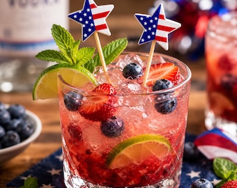 Cocktail Picks & Drink Stir Sticks, 4th of July Patriotic Appetizer Skewers, Red White Blue Star Toothpicks, Charcuterie Board Party Picks