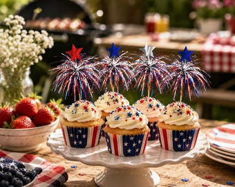 Patriotic Firework Cocktail Picks, 4th of July Toothpicks, Red White Blue Party Picks, Independence Day Cupcake Toppers, BBQ Decor