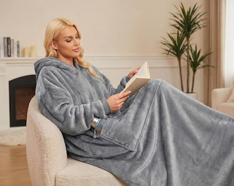 Mysig sherpafilt med huva, överdimensionerad bärbar filt med huva, mjuk, fluffig och gosig filt med ärmar, varm filt med huva för vuxna och tonåringar, present