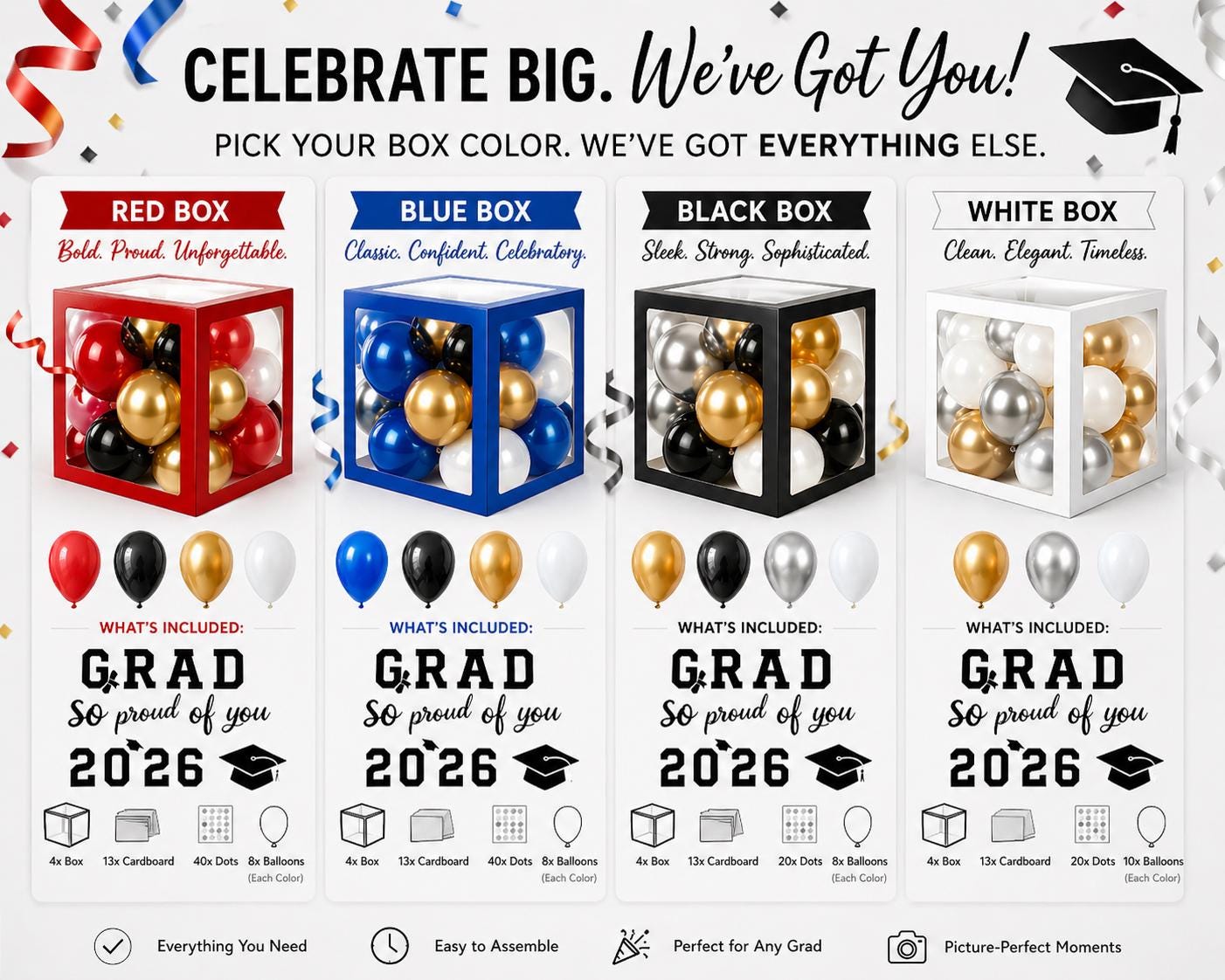 Grad Box Stack 2026 Graduation Balloon Box Set, Grad Boxes With Balloons, 4 Clear ...