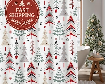 Christmas Shower Curtain – Holiday Tree Print, Winter Bathroom Decor 72x72, Xmas Bathroom Curtain, Festive Christmas Decor
