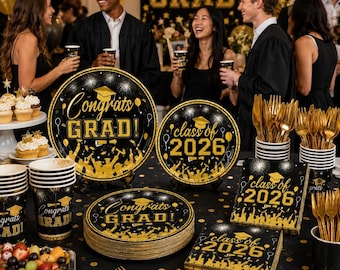 Graduation Party Supplies 2026 for 25 Guests, Black Gold Graduation Tableware Set, Class of 2026 Plates Napkins Cups Disposable Dinnerware