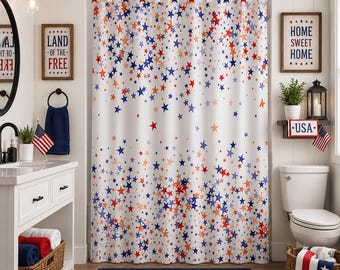 4th of July Shower Curtain, USA Bathroom Decor, Independance Day, Shower Hooks Available, Americana Bathroom Decor, Red White Blue Stars