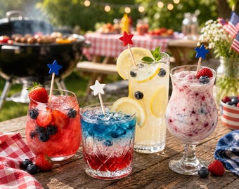 4th of July Cocktail Picks & Drink Stir Sticks, Patriotic Appetizer Skewers, Red White Blue Star Toothpicks, Charcuterie Board Party Picks