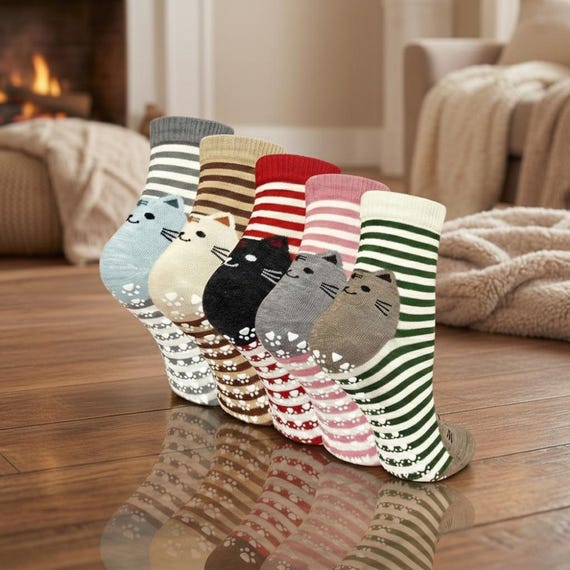 Cute Work Out Socks, Non-Slip Grip Socks for Yoga, Pilates, Barre, Dance Grip Socks: Cute Cartoon Cat Design Anti-Skid, Multi-Color Striped