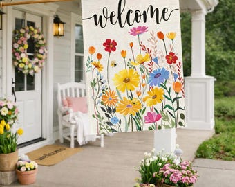 Summer Spring Floral Welcome Garden Flag, Double Sided Outdoor House Flag, Farmhouse Porch Decor, Wildflower or Hydrangea Yard Banner