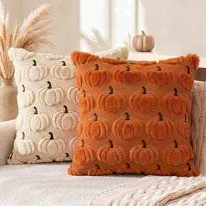 May include: Two square throw pillows featuring a repeating raised pumpkin pattern. One pillow is cream-colored with matching cream pumpkins, and the other is burnt orange with matching orange pumpkins. Both have a soft, textured finish.