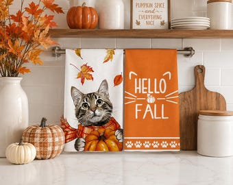 Set di 2 strofinacci da cucina autunnali, strofinacci da cucina con gatti, strofinacci "Hello Fall", decorazioni autunnali per la cucina, asciugamani con zucche e gatti, regalo per amanti dei gatti