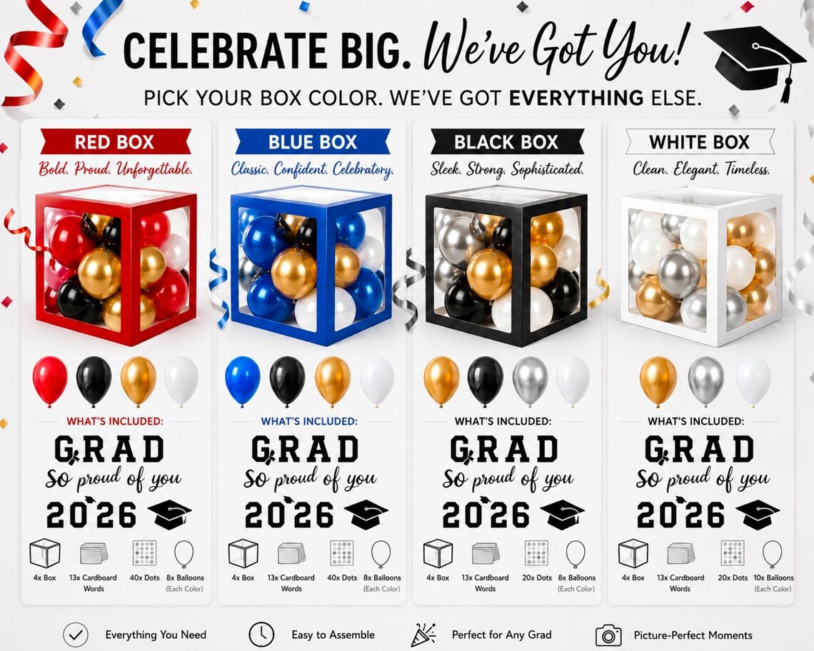 Grad Boxes 2026 Graduation Balloon Box Set, Grad Boxes With Balloons, 4 Clear ...