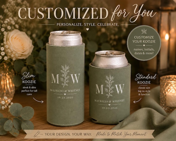 Personalized Wedding Koozie, Custom Can Cooler, Wedding Favor, Monogram Beer Sleeve, Double-Sided Available, Bridal Shower, Engagement Party