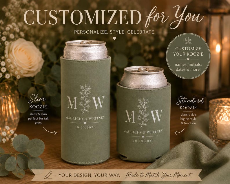 May include: Two sage green foam can coolers, one slim and one standard, each featuring white printed text that reads M W, Mauricio & Whitney, and 10.23.2026, with a botanical sprig graphic between the initials and a small heart below the names.