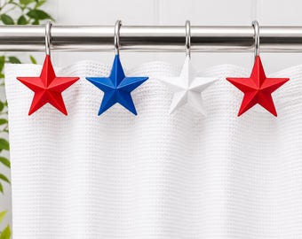 4th of July Stars Shower Curtain Hooks, USA Bathroom Decor, Independance Day Bathroom Rings, Red White and Blue Shower Hooks, 12 Pack