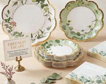 96 Pc Floral Party Supplies, Pink Rose or Eucalyptus Greenery Plates and Napkins Set, Serves 24, Bridal Shower Baby Shower Tableware