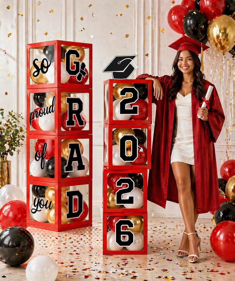 Spell Graduation 2026 Graduation Balloon Box Set, Grad Boxes With Balloons, 4 Clear ...