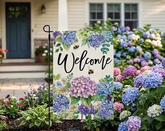 Spring Hydrangea Garden Flag, Welcome Floral Yard Flag, Blue Purple Flower Outdoor Decor, Double Sided Flag, Porch Garden Decoration
