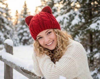 Cat Ear Knit Beanie, Cute Cotton Crochet Winter  Kitty Hat, Cozy Stretch Beanie for Teens & Adults, 10 Colors