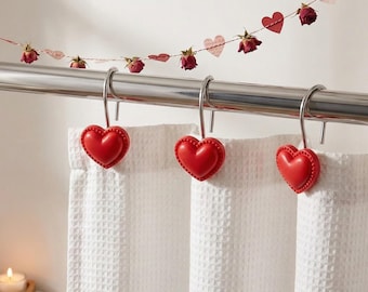 Valentine Heart Shower Curtain Hooks, Valentine's Day Bathroom Decor, Romantic Shower Rings, 12 Pack