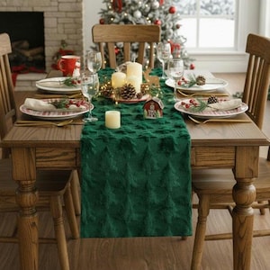 Christmas Tree Table Runner, Soft Plush Faux Fur, Pine Tree Texture Design, Holiday Dinning Decor