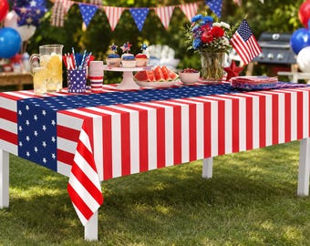 American Flag Tablecloth, 4 Pack or 8 Pack, Patriotic Table Covers, 54x108 Disposable Plastic Tablecloths, 4th of July Decorations, Memorial