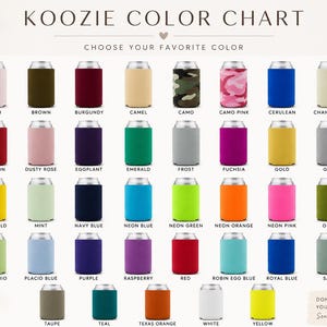 May include: A Koozie color chart displaying forty-eight cylindrical beverage insulators in various solid colors and patterns. Each item is labeled with its corresponding color name, including black, blush, brown, burgundy, camel, camo, pink camo, cerulean, champagne, charcoal, coral, crimson, dusty rose, eggplant, emerald, frost, fuchsia, gold, grey, hunter green, kelly green, marigold, mint, navy blue, neon blue, neon green, neon orange, neon pink, olive, orchid, peach, pistachio, placid blue, purple, raspberry, red, robin egg blue, royal blue, sage, sandstone, taupe, teal, texas orange, white, and yellow.