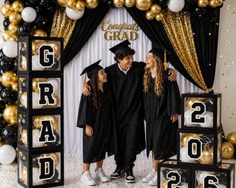 2026 Graduation Balloon Box Set, Grad Boxes with Balloons, 4 Clear Letter Boxes, Congrats Grad Party Decor, High School College Graduat