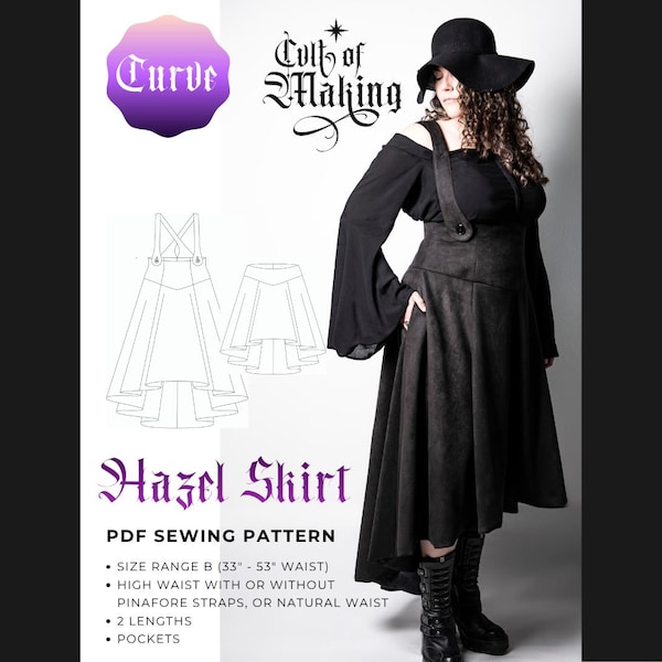 Plus Size Witchy Skirt Sewing Pattern, High Waist, Pinafore Straps (PDF Pattern)