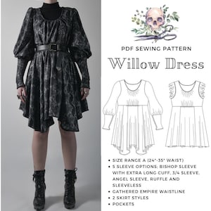 intro price DIGITAL DOWNLOAD, Willow Dress sewing pattern, Size A, empire waist, 2 skirts, pockets. bishop cuff or 5 sleeves, PDF,