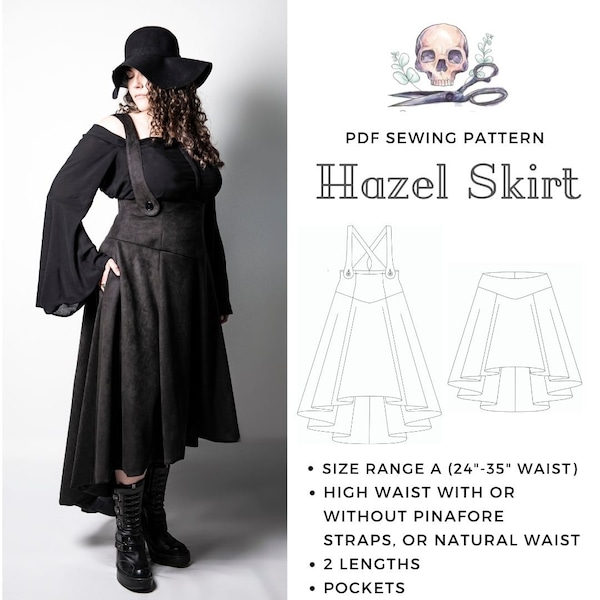 Intro price DIGITAL DOWNLOAD, Hazel skirt sewing pattern, Size range A, High/natural waist, 2 lengths, with pockets. PDF, print at home