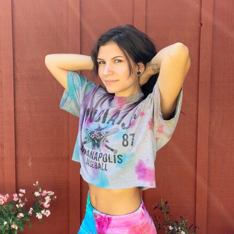 Tied Dyed Vintage Clothing Grunge Clothing Upcycled Clothing Cropped T-Shirt M Indy Indians Baseball Tee