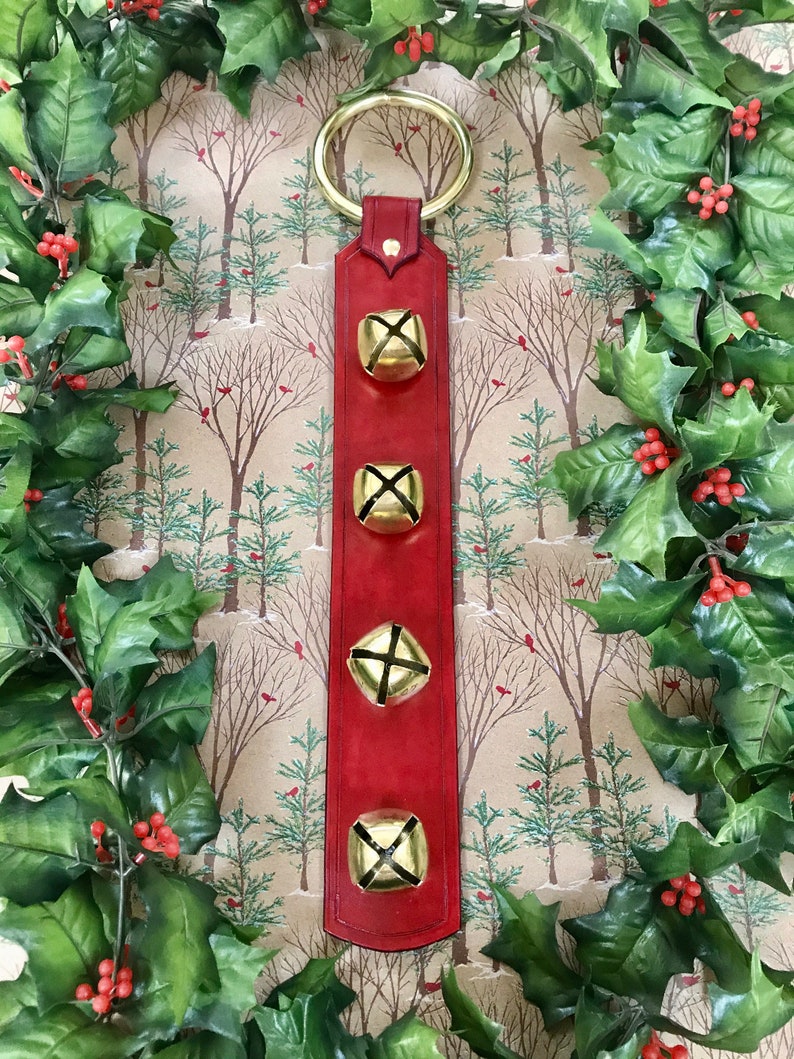 Leather Door Handle Bell Sleigh Bells Brass Decor Red Etsy