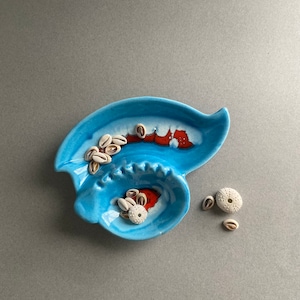 Mid Century Modern Ceramic Ashray with Blue + Red Glaze