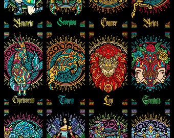Zodiac signs in Mayan design, high resolution PDF and PNG Vector file