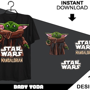 Puede incluir: Una camiseta negra con un personaje verde de Baby Yoda que lleva una túnica marrón. El texto "Star Wars The Mandalorian" está impreso en dorado debajo del personaje.