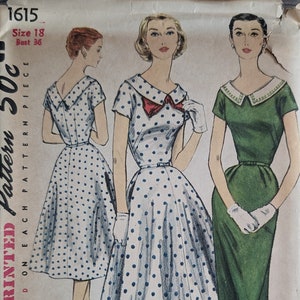 May include: Vintage Simplicity sewing pattern 1615 for a dress. The pattern is printed on a white paper with a red border. The pattern shows three different styles of dresses, one with polka dots, one with a green bodice, and one with a white collar. The pattern is for size 18, bust 36.