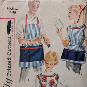 May include: Vintage Simplicity sewing pattern 3206 for aprons. The pattern includes three different styles: a striped apron with a pocket, a floral apron with a pocket, and a striped apron with a bow. The pattern is for sizes 14-16 and is labeled "Simple to Sew."