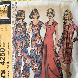 May include: Vintage McCall's sewing pattern envelope for a dress, top, jacket, and trousers. The pattern number is 4250 and the size is 14, bust 36. The envelope features a colourful illustration of four women wearing the different garments.