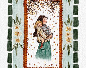 Herfst volkskunst print moeder en kind, grillige cottagecore illustratie, herfst kunst aan de muur, gezellig vintage bloemendecor, volksstijl