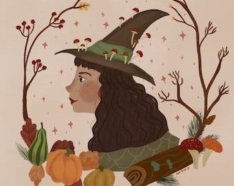 Autumn Halloween Witch Illustration Digital Download