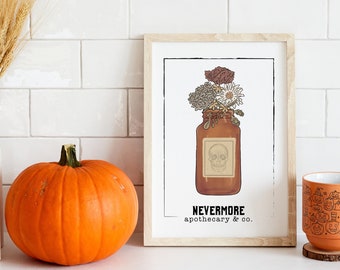 Nevermore Apothecary Floral Print – Edgar Allan Poe, Halloween Decor (Digital Download)