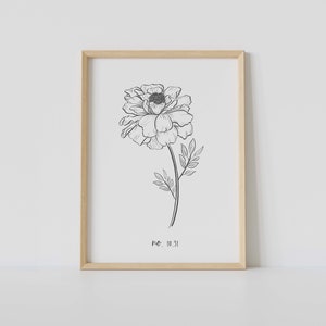 May include: A framed black and white botanical print featuring a detailed illustration of a peony flower. The artwork includes the stem, leaves, and the text "no. 10.31" at the bottom. The frame is made of light-colored wood.