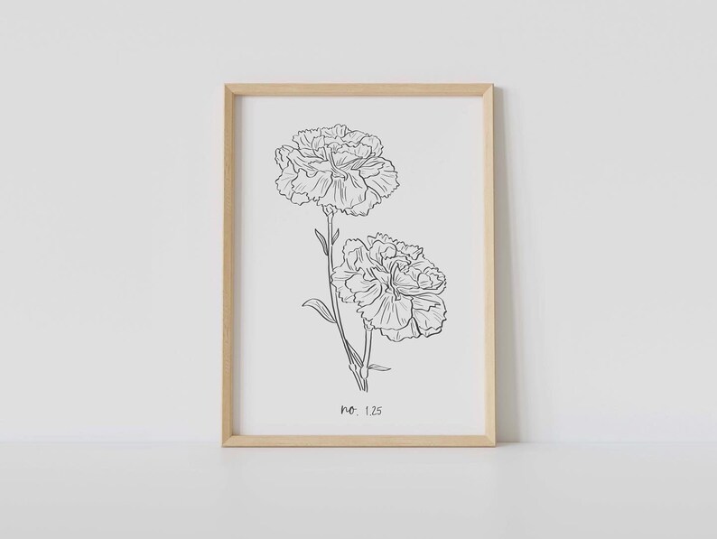 May include: A framed black and white botanical print featuring two carnation flowers. The flowers are detailed with delicate lines, and the print is set in a light wood frame. The text "no. 1.25" is at the bottom.
