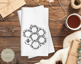 Floral Honeycomb Flour Sack Tea Towel – Hand-Drawn Bee Design