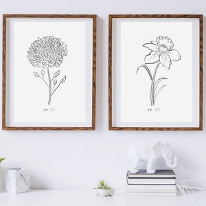 May include: Two framed botanical art prints. One features a detailed line drawing of a chrysanthemum, the other a daffodil. Both are in dark wood frames, with the text "no. 11.1" and "no. 12.11" below the flowers. The prints are displayed on a white wall.